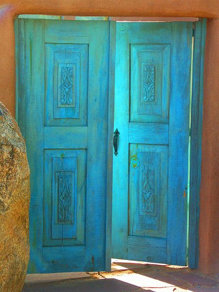 Blue-double-Door-PICT6043-w.jpg - #0092_Blue-Green doors:  While losing the main trail in the hill country east of Albuquerque, New Mexico we came out in back of a walled house that had these doors in the back.  Wonder what is behind those doors.
