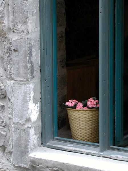 Montreal-flowers-window-w.JPG - #0084_Geraniums in Window:  Old Town Montreal, Quebec, Canada.  Side street restaurant window.