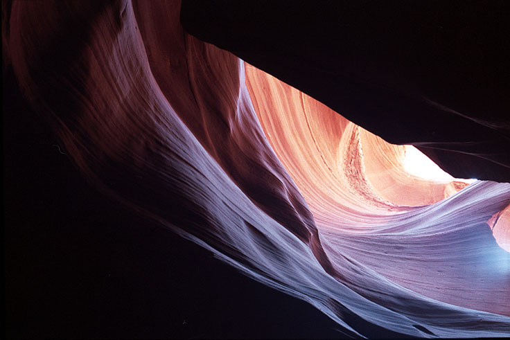 AntelopeCanyonAC-1-w.jpg - #0194_Antelope Canyon-1:  Antelope Canyon is a slot canyon near Page Arizonia carved by the winds and rain and is over 100 feet deep with a 1-2 foot opening at the top in most places.  Used my Canon T-90 35mm camera with 1-2 minute exposures.