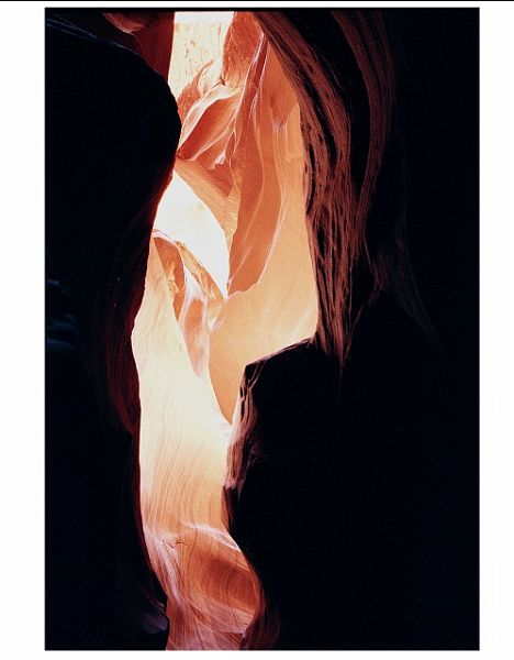 AntelopeCanyonAC-4-w.jpg - #0193_Antelope Canyon-4:  Antelope Canyon is a slot canyon near Page Arizonia carved by the winds and rain and is over 100 feet deep with a 1-2 foot opening at the top in most places.  Used my Canon T-90 35mm camera with 1-2 minute exposures.