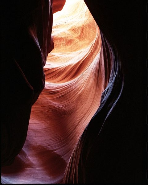 AntelopeCanyonAC-5-w.jpg - #0191_Antelope Canyon-5:  Antelope Canyon is a slot canyon near Page Arizonia carved by the winds and rain and is over 100 feet deep with a 1-2 foot opening at the top in most places.  Used my Canon T-90 35mm camera with 1-2 minute exposures.