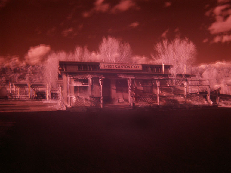 SpiritCanyonCafe-PICT5815-w.jpg - #0199_Spirit Canyon Lodge:  Located in the Gila National Forest close to Silver City, New Mexico near the cliff dwellings.  I took this picture hand held Infra Red lens exposure and liked the ghost like feeling of the Spirit Canyon Cafe.