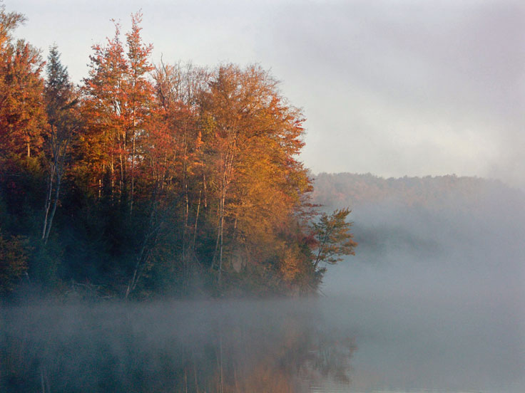 GreenRiver-PICT4116-w.jpg - #0016_Sunrise on fall leaves on the Green River Reservoir, Morrisville, Vermont.