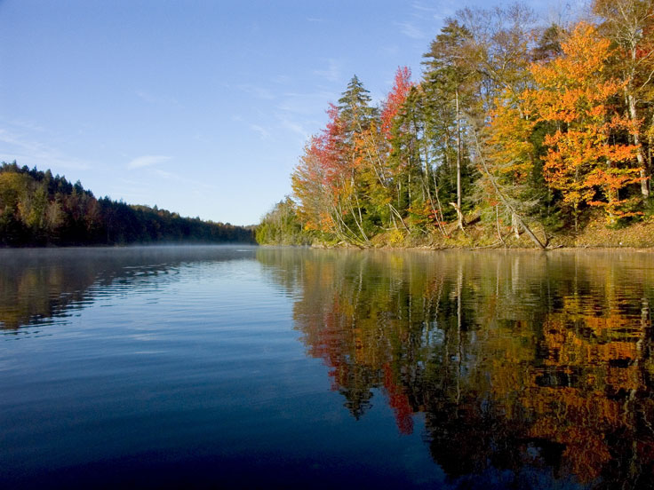 GreenRiverPICT4209-w.jpg - #0018_Reflections of Fall:  The deep blue of the morning sky reflected off the water of the Green River Reservoir with bright reflections of Fall foliage captured from my kayak, early morning in September, 2006.